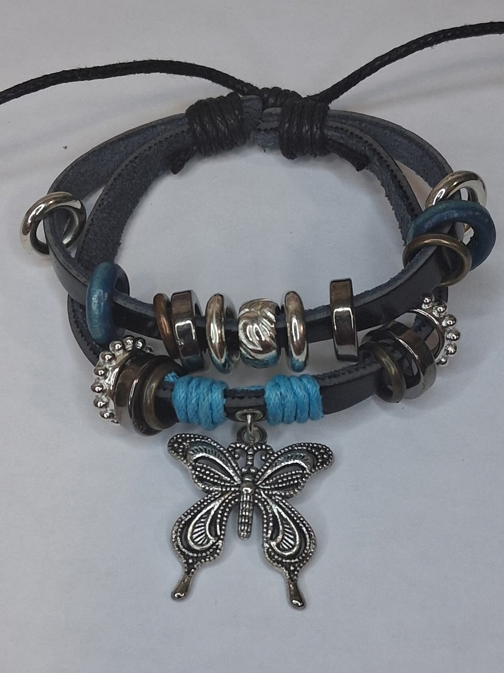 Boho Leather Butterfly Charm Bracelet in Black and Teal
